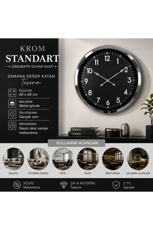Krom Standart Dekoratif 60 x 60 cm Duvar Saati