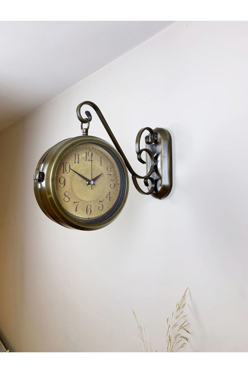 Eskitme Metal Retro İstasyon Saati 36 x 25 cm – Çift Taraflı Şık Dekoratif Saat