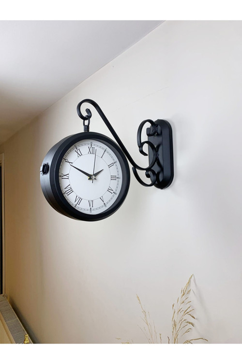 Siyah Metal Retro Çift Taraflı İstasyon Saati 36 x 25 cm