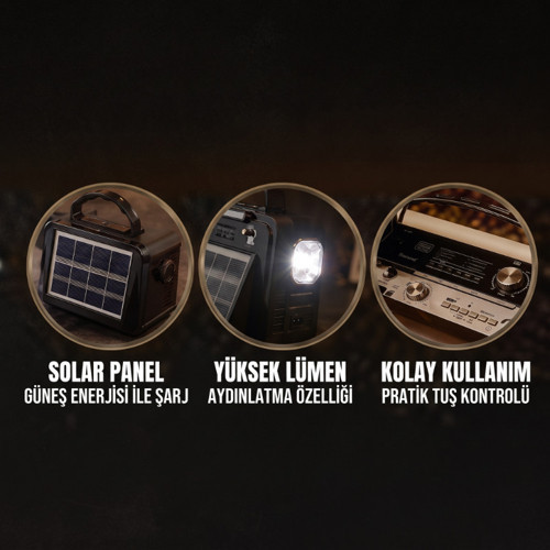 Nostalji Müzik Kutusu - Solar Panelli - Şarjlı - AUX Girişi - LED Fener - Bluetooth