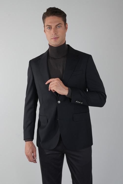 Siyah Yün Düğmeli Comfort Dokuma Mono Yaka Çift Yırtmaçlı 6 Drop Blazer Ceket