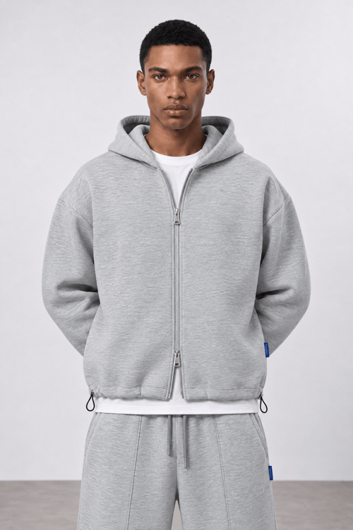 Erkek Lastik Detaylı Panda Oversize Zip Gri Melanj