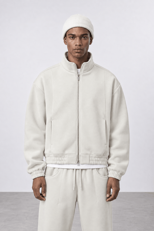 Erkek Crop Fit Panda Oversize Zip Bej