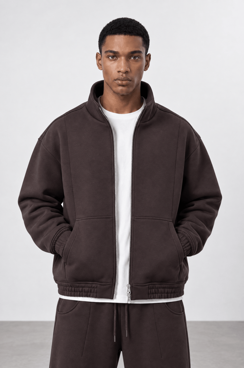 Erkek Crop Fit Panda Oversize Zip Kahve