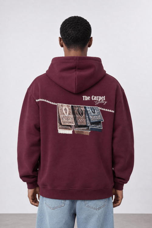 Erkek Carpet Patch Detaylı Oversize Hoodie Bordo