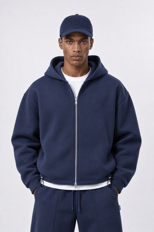 Erkek Lastik Detaylı Panda Oversize Zip Lacivert