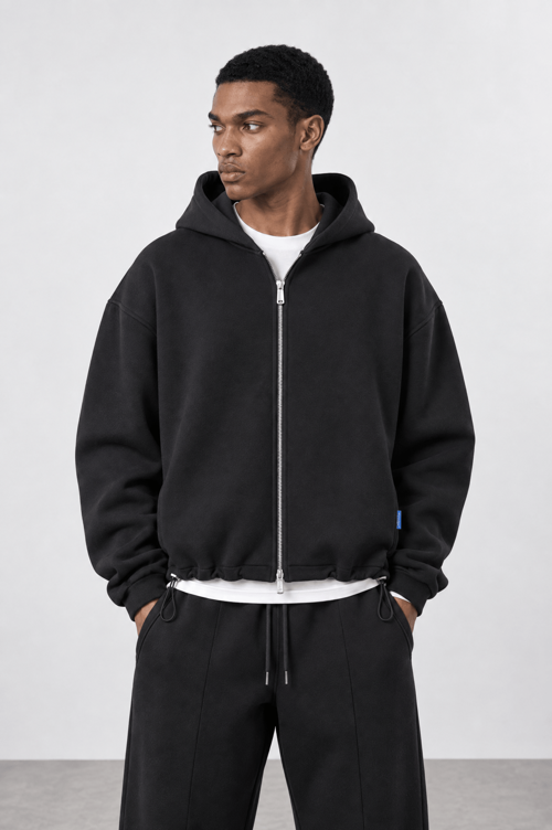 Erkek Lastik Detaylı Panda Oversize Zip Siyah