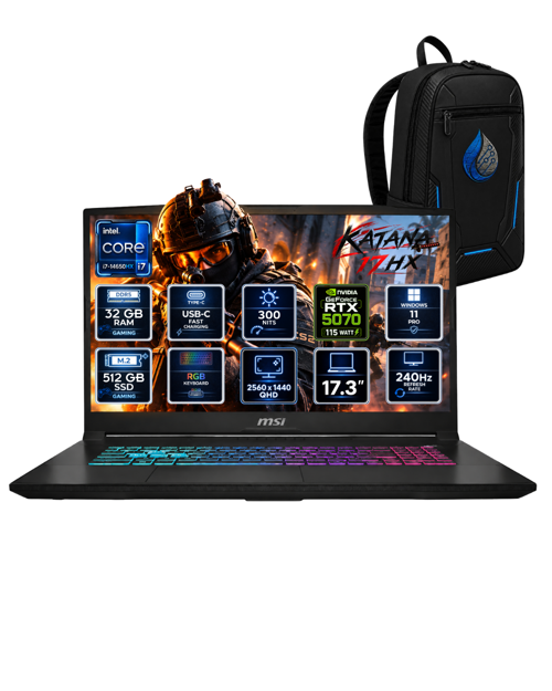 Katana 17 HX i7-14650HX 32 GB DDR5 512 GB SSD RTX 5070 8 GB 17.3'' QHD 240Hz Windows 11 Pro B14WGK-285XTRRNP09