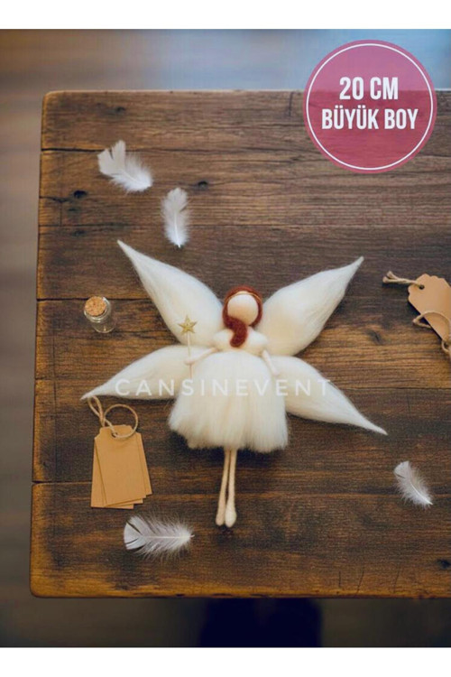 20 Cm Büyük Boy Kanatlı Peri Kızı Keçe Bebek - El Yapımı Figür - Ekru Beyaz Elbiseli