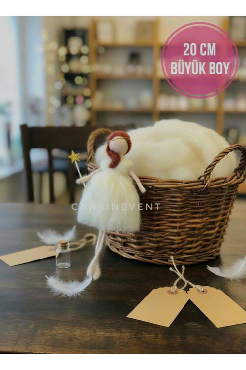 20 Cm Büyük Boy Peri Kızı Keçe Bebek - El Yapımı Dekoratif Figür - Beyaz Elbiseli