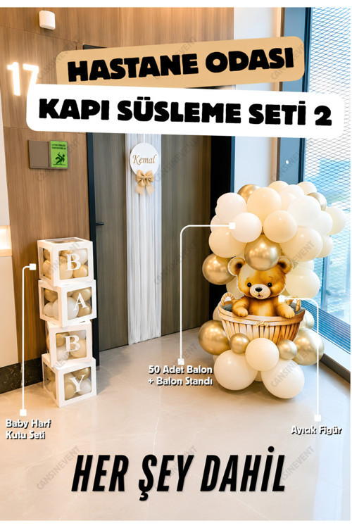 Hastane Kapı Süsleme Seti / Ayıcık Figür - Balon Standı - Baby Harf Kutu Seti - Krem Beyaz Gold Balon
