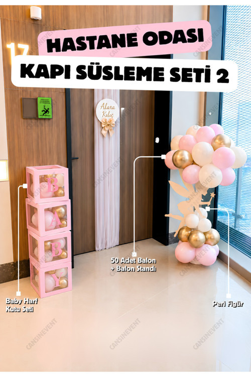 Peri Figürlü Hastane Odası Süsleme Seti | Balon Standı • Pembe Baby Harf Kutu Seti • 50 Adet Balon