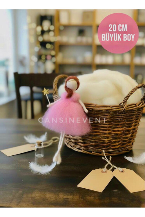 20 Cm Büyük Boy Peri Kızı Keçe Bebek - El Yapımı Dekoratif Figür - Şeker Pembe Elbiseli