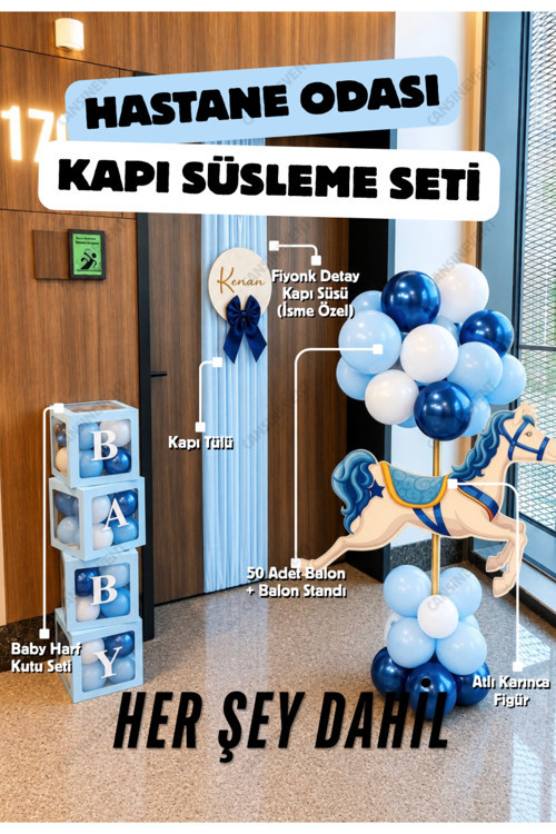 Her Şey Dahil Hastane Odası Kapı Süsleme Seti - Balon Standı, Atlı Karınca Tekli, Tül, İsimli Kapı Süsü