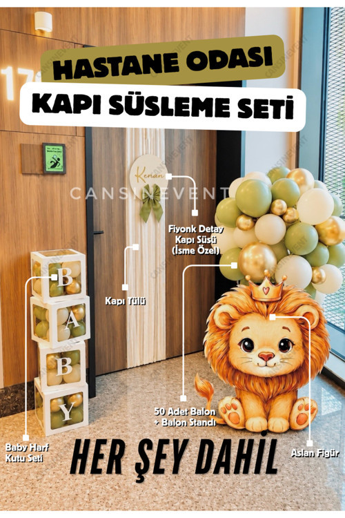 Hastane Kapı Süsleme Seti / Aslan Figür - Balon Standı - Baby Harf Kutu Seti - Krem Yeşil Gold Balon