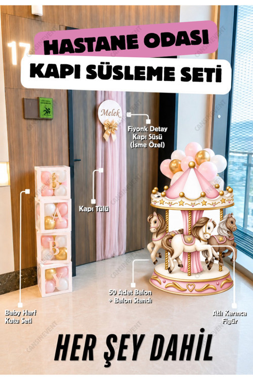 Her Şey Dahil Hastane Odası Kapı Süsleme Seti Pembe Atlı Karınca - Balon Standı, Tül, İsimli Kapı Süsü