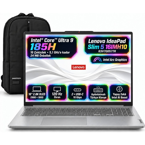 Ideapad Slım 5 16IMH10 Intel Core™ Ultra 9 185H 32GB 2 Tb SSD Windows 11 Pro 16" 83V70057TRS3 Taşınabilir Bilgisayar + S