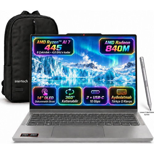 Ideapad 5 2 In 1 14AGP11 83UH004BTRS7 Amd Ryzen™ Aı 7 445 64GB 512GB SSD 14" Touch Windows 11 Pro + Snertech Çanta