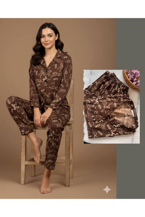 Kadın Düğmeli Pamuklu İnce Şardonlu Pijama Takımı