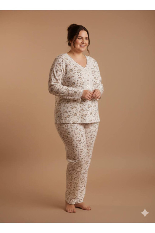 Büyük Beden Battal Pijama Takımı Desenli Uzun Kol Kışlık Kumaş Pamuklu
