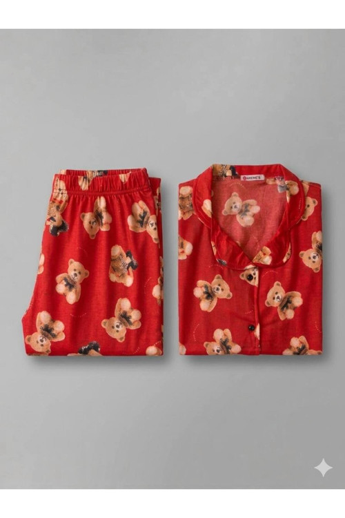 Kadın Teddy Bear Ayıcık Desenli Düğmeli Yakalı Pijama Takımı