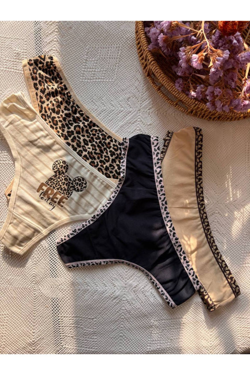 Pamuklu Elastan Kadın Külot Tanga 4'Lü Paket Leopar Fare Desenli String Model