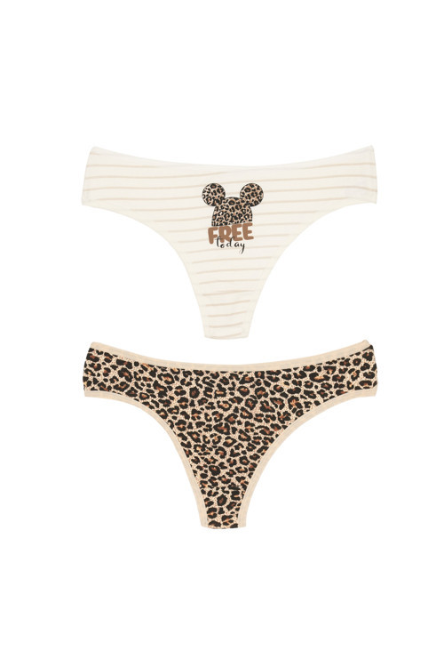 Pamuklu Elastan Kadın Külot Tanga 2'Li Paket Leopar Fare Desenli String Model