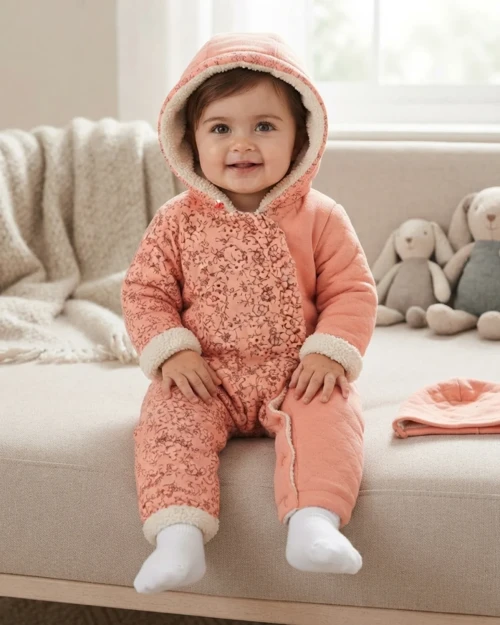 Somon Çiçek Desenli Kapüşonlu Kız Bebek Tulum – Somon-Ekru