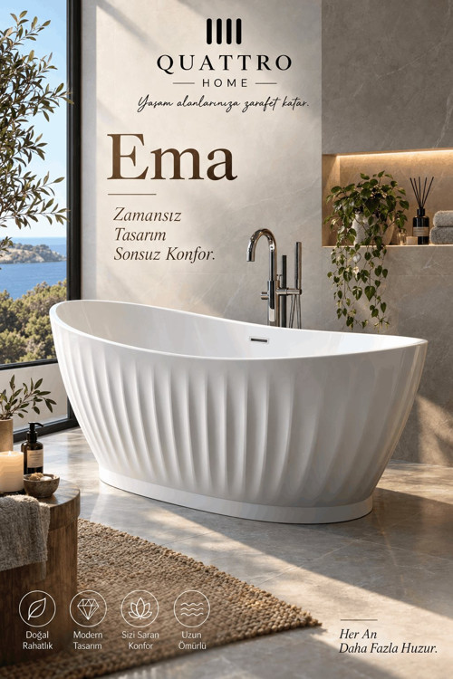 Ema Beyaz Serbest Duran Akrilik Küvet – 170 × 80 × 68 cm