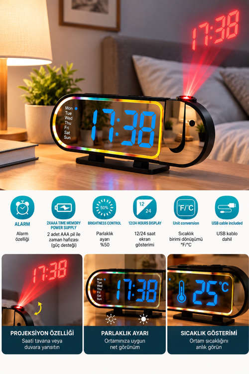 LED Dijital Masa Saati Şık Tasarım Alarm Özelliği Parlaklık Ayarı Sıcaklık ve 12 24 Saat G�