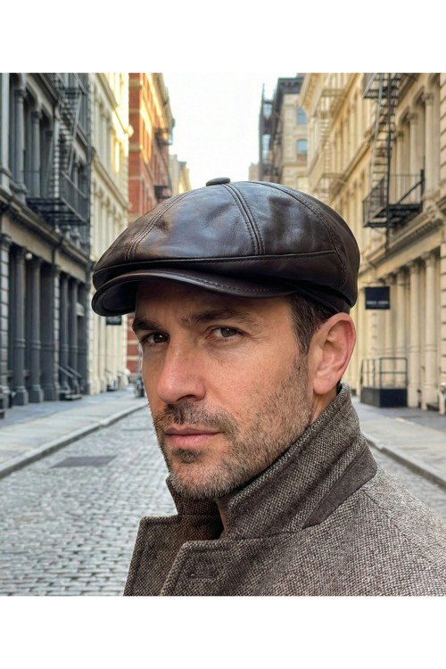 %100 Hakiki Deri 8 Köşe Kasket Şapka - Peaky Blinders Tarzı Lastikli Erkek Şapka
