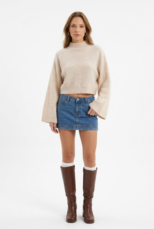 Kadın Crop Fit Bej Balıkçı Yaka Triko Kazak Uzun
