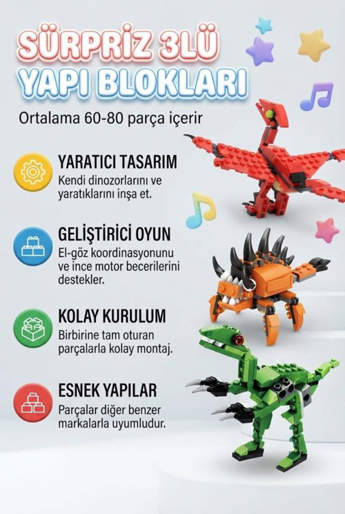 Sürpriz Yumurta 3'lü Set Dinozor ve Araç Figürlü Yapı Blokları Eğitici Öğretici Parçalı Oyuncak