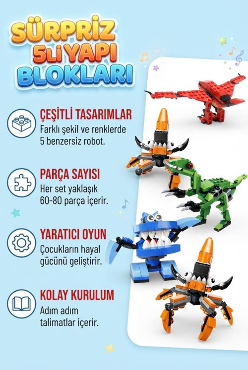 Sürpriz Yumurta 5'li Set Dinozor ve Araç Figürlü Yapı Blokları Eğitici Öğretici Parçalı Oyuncak