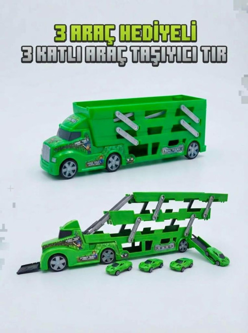 Dev Boyutlu Mine Truck 3 Katlı Açılabilir 37 Araç Kapasiteli Rampalı 50 cm Yeşil Oyuncak Tır