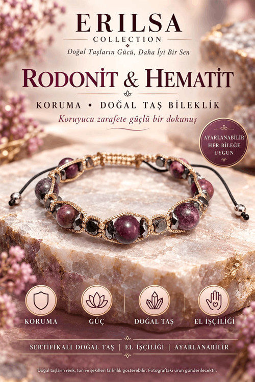 Sertifikalı Rodonit Hematit Koruma Güç Denge Makrome Ayarlanabilir Doğal Taş Bileklik