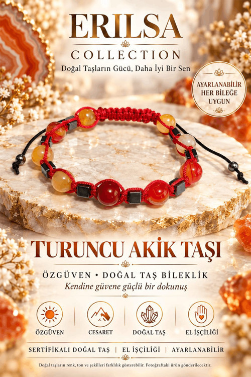 Sertifikalı Turuncu Akik Özgüven Cesaret Motivasyon Ayarlanabilir Doğal Taş Bileklik