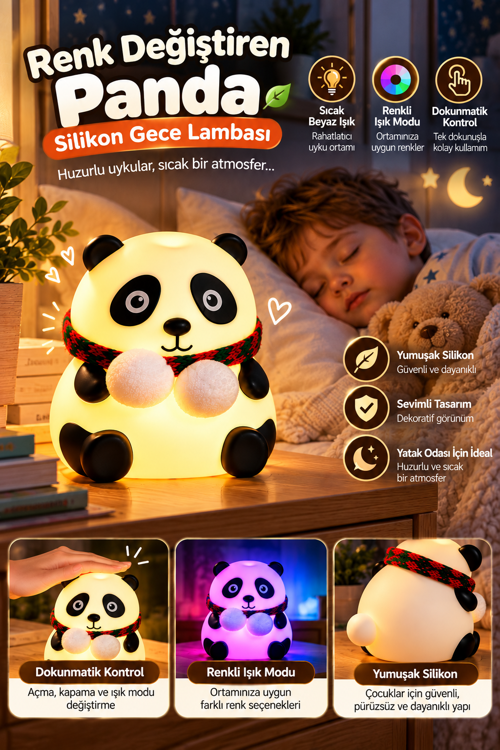tekno Renkli Işık Modlu Silikon Panda Gece Lambası Dokunmatik Kontrollü Sevimli Dekoratif 2026