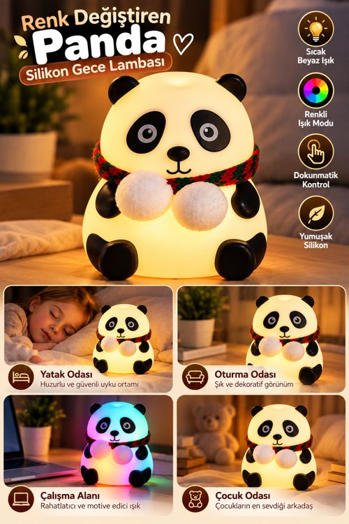 tekno Yatak Odası Çocuk Odası İçin Renk Değiştiren Panda Silikon Gece Lambası 2026