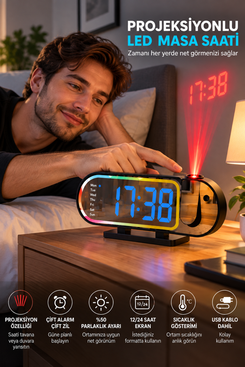 tekno Modern LED Masa Saati Dijital Ekranlı Alarm Parlaklık Ayarlı 12 24 Saat Sıcaklık Gösterg