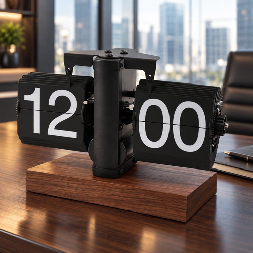 Retro Yapraklı Masa Saati Ahşap Tabanlı Sessiz Mekanizmalı Flip Clock Ev Ofis Kafe Dekoratif Saat Syh