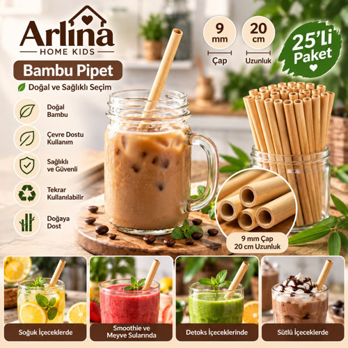 Tekrar Kullanılabilir % 100 Doğal Bambu Pipet 20 Cm Doğayla Dost Pipet 25li paket