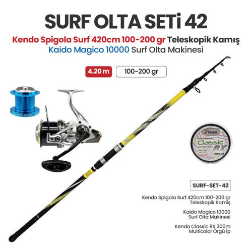 Spigola Surf 420cm 100-200 gr Teleskopik Kamış + Kaido Magico 10000 Surf Olta Makinesi + Surf Olta Seti 42