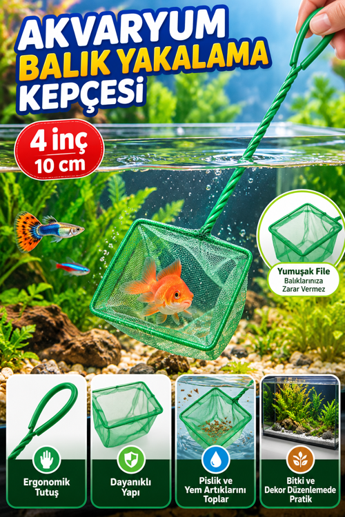 Akvaryum Balık Yakalama Kepçesi 4 İnç 10 cm Fileli 33 cm Saplı Balık Kepçesi Temizlik Aksesuarı File