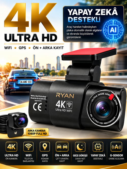 Ryan Yapay Zeka Destekli 4K Ön 1080P Arka Araç Kamerası – WiFi GPS, Gece Görüşü, G-Sensor, Park Kiti Hediye