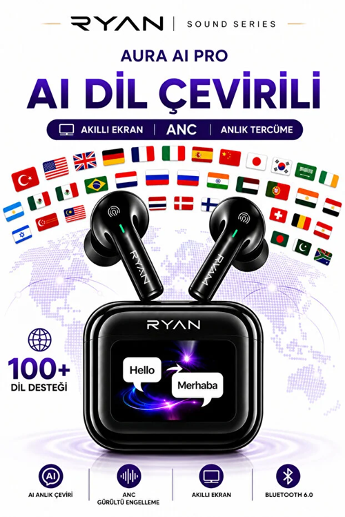 Ryan Aura AI Pro Yapay Zeka Destekli Çeviri Kulaklığı – 100+ Dil Anlık Çeviri, Akıllı Ekran, ANC, Bluetooth 6.0