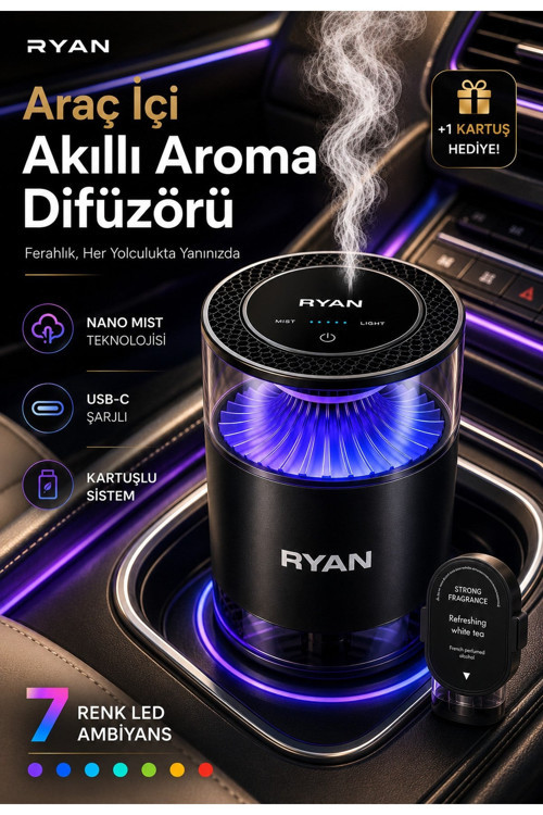 Ryan Cloud Mist Pro Akıllı Araç İçi Koku Difüzörü – Nano Mist, 360° Koku Yayılımı, 7 Renk LED, 800 mAh, 2 Kartuşlu