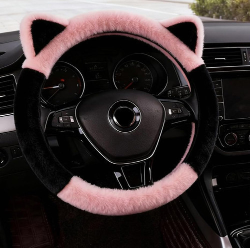 Kulaklı Pembe Peluş Direksiyon Kılıfı Kadınlara Özel Tüylü Direksiyon Kılıfı