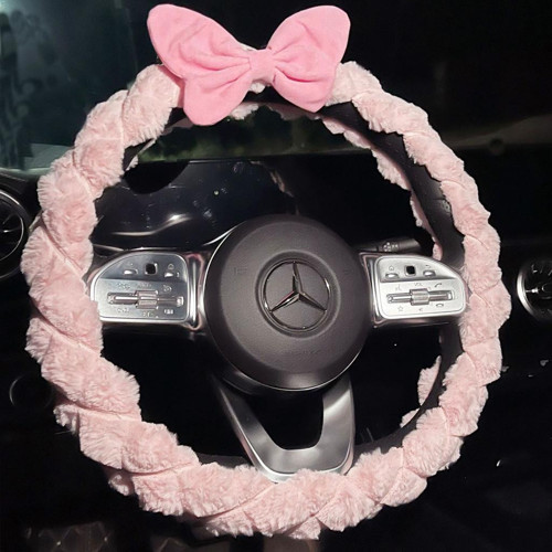 Pembe Peluş Direksiyon Kılıfı Kadınlara Özel Tüylü Direksiyon Kılıfı