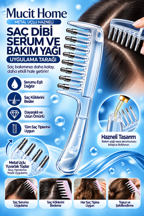 Serum Uygulama Tarağı Metal Uçlu Hazneli Saç Dibi Serum Tarağı Şeffaf Pembe